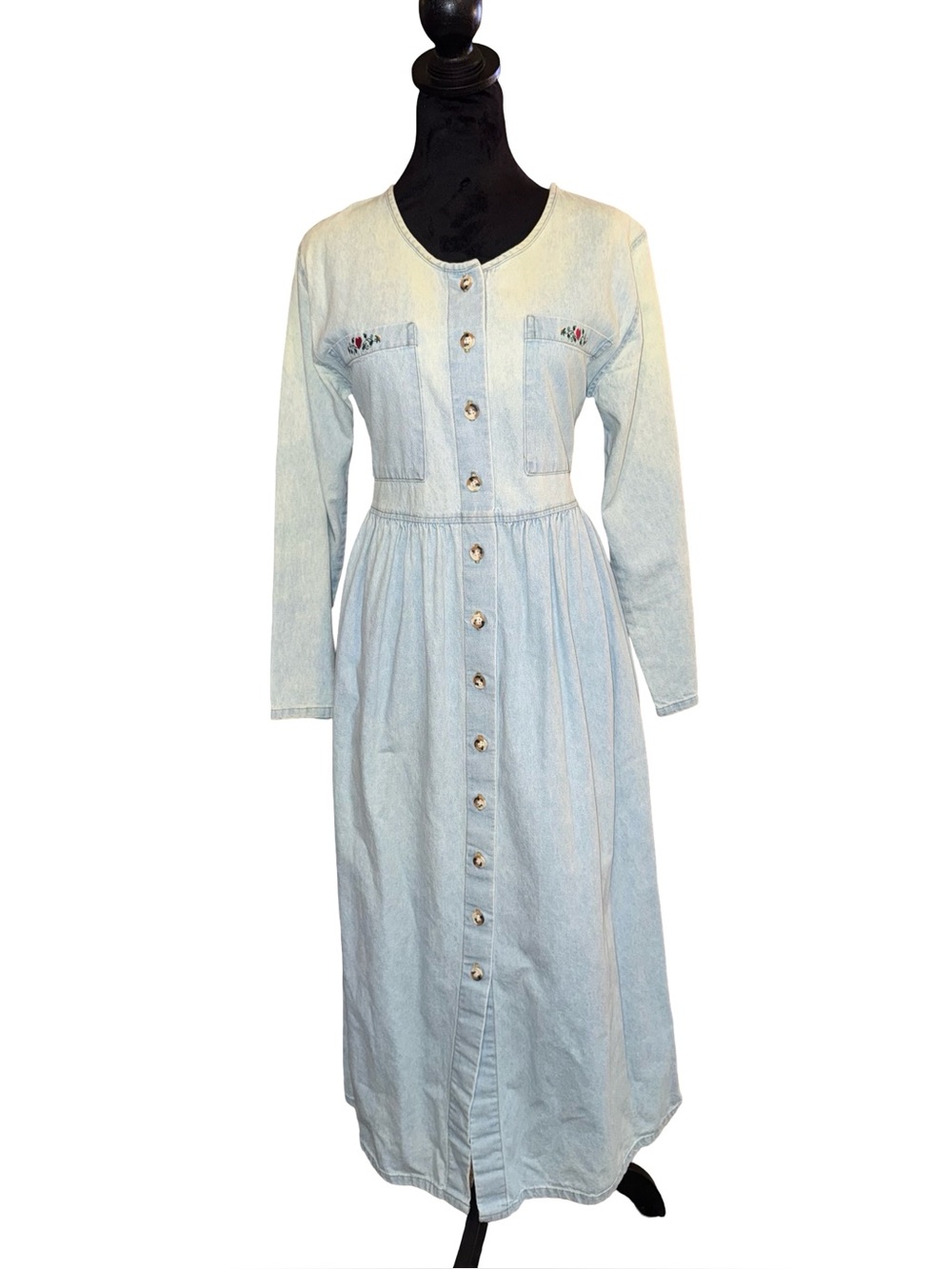 Vintage 80/90s Full Length Blue Denim Fitted Jean Dress W/ hearts embroidered M‎